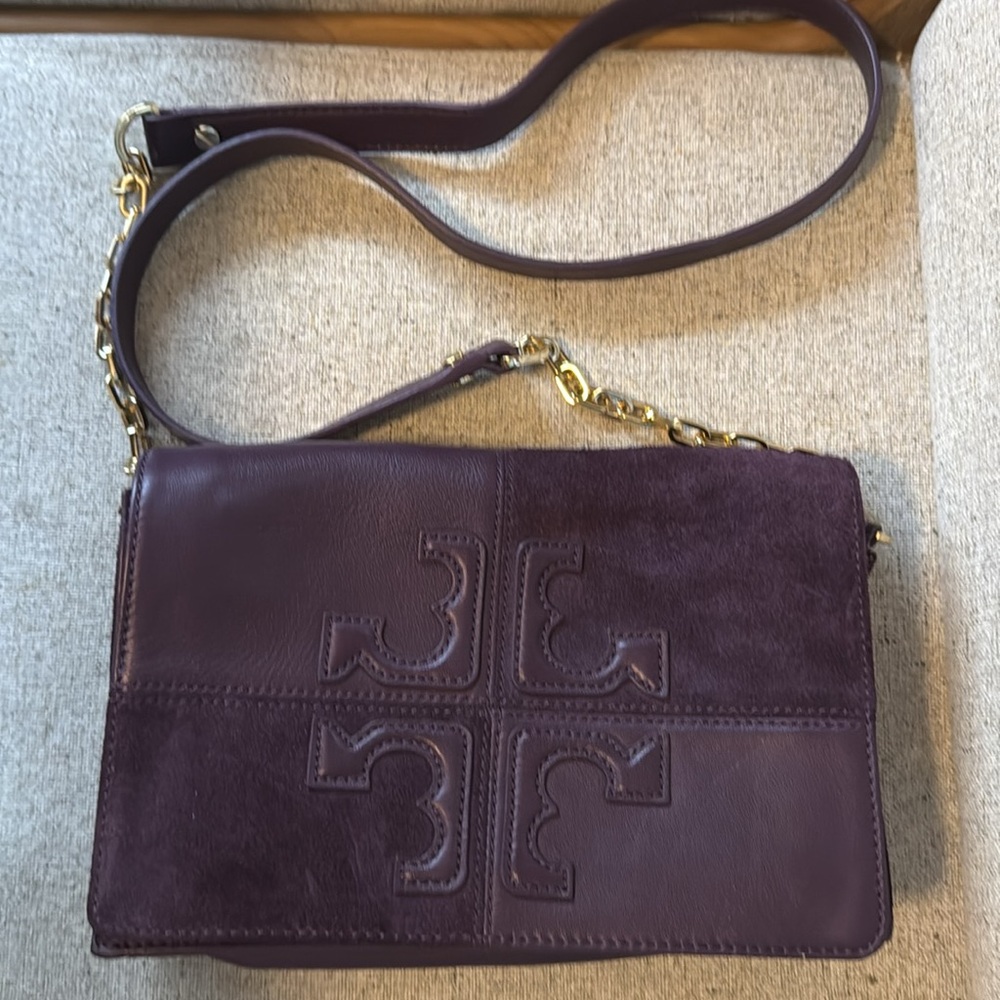 Tory Burch purple leather/suede shoulder chain bag